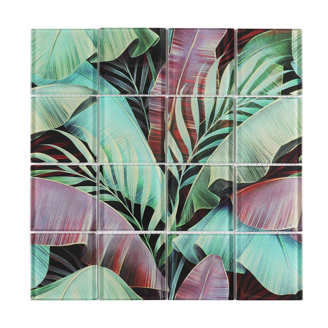 Glossy tropical leaf glass mosaic tile sheet in green teal and burgundy tones
