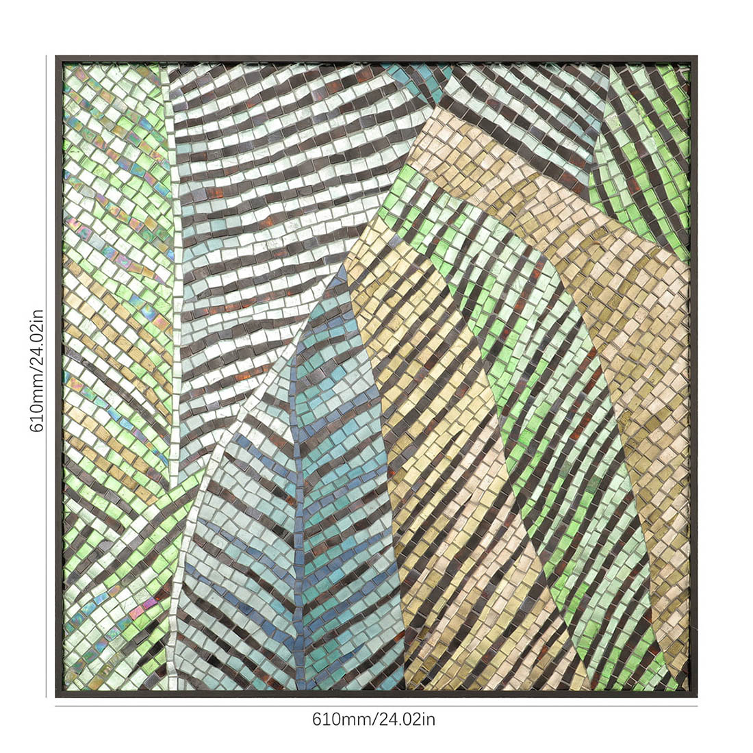 Large view of tropical leaf glass mosaic with green and gold tones