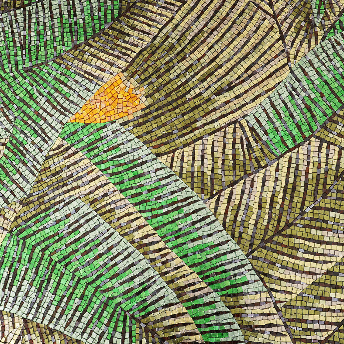 Corner view of tropical leaf mosaic with intricate tile arrangement