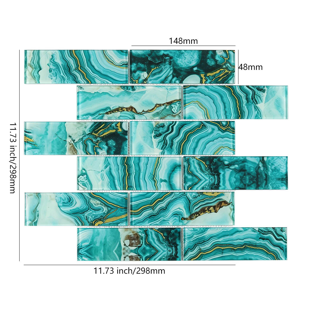 Turquoise agate glass subway tile sheet with 148x48 mm chips and gold veins