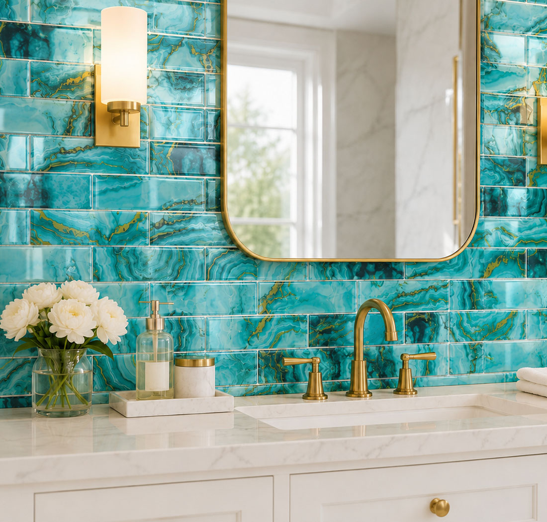 Turquoise agate glass subway tile vanity backsplash with gold fixtures