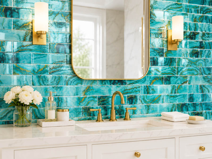 Turquoise glossy subway tile vanity wall with gold fixtures and marble counter