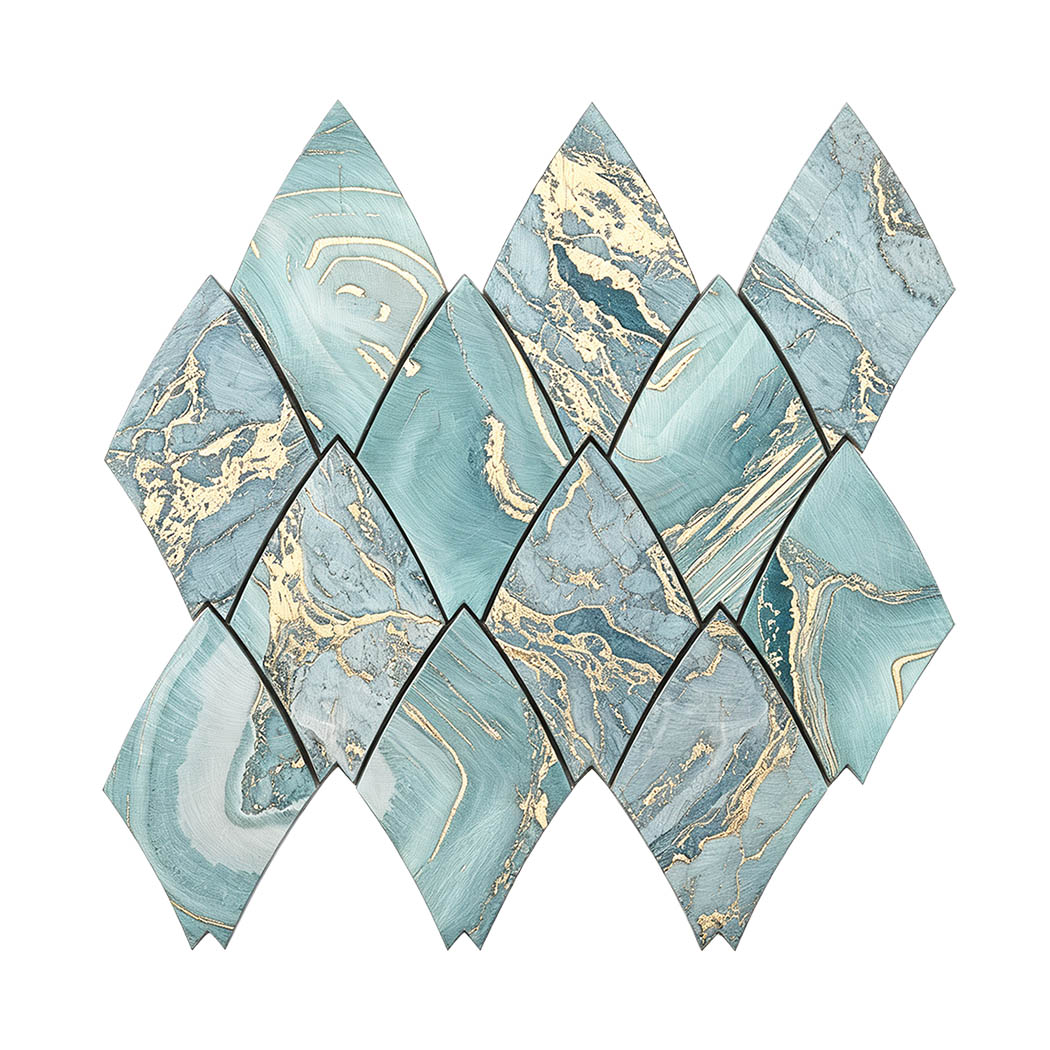 Turquoise and gold foliage shape aluminum wall tile full sheet view