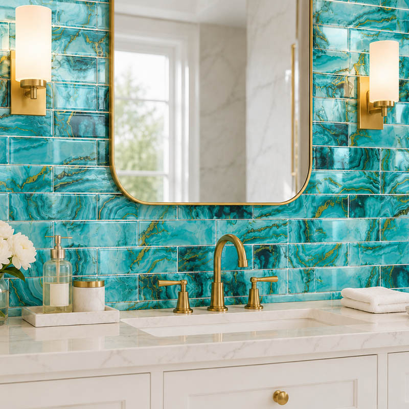 Turquoise marble look glossy subway tile bathroom backsplash with brass mirror and sconces