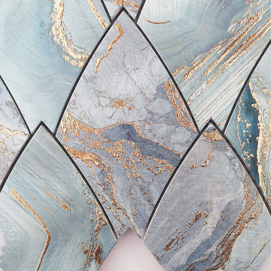 Macro detail of turquoise marble pattern aluminum backsplash tile