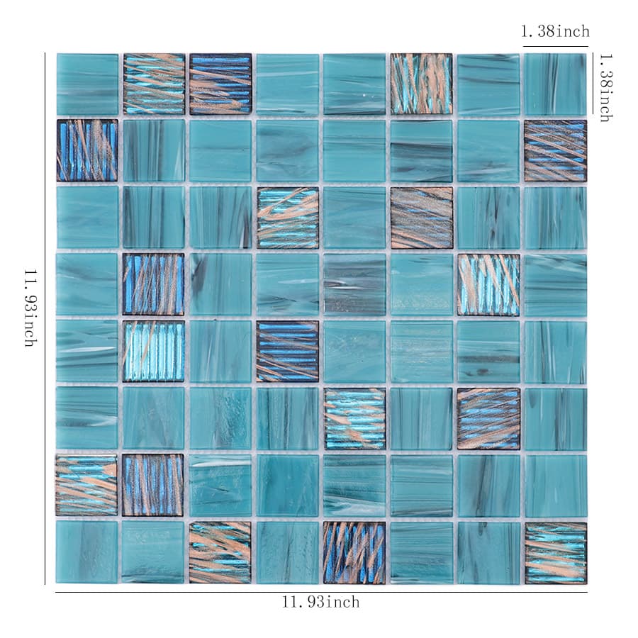 Square turquoise mosaic tile sheet with metallic textured accents and size dimensions