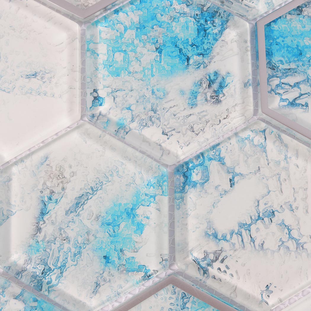 Turquoise white hexagon glass tile macro with watercolor texture and beveled edge