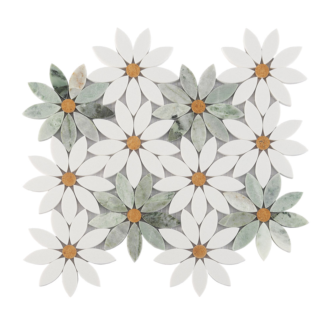 Full sheet of green and white daisy marble mosaic tile with golden flower centers