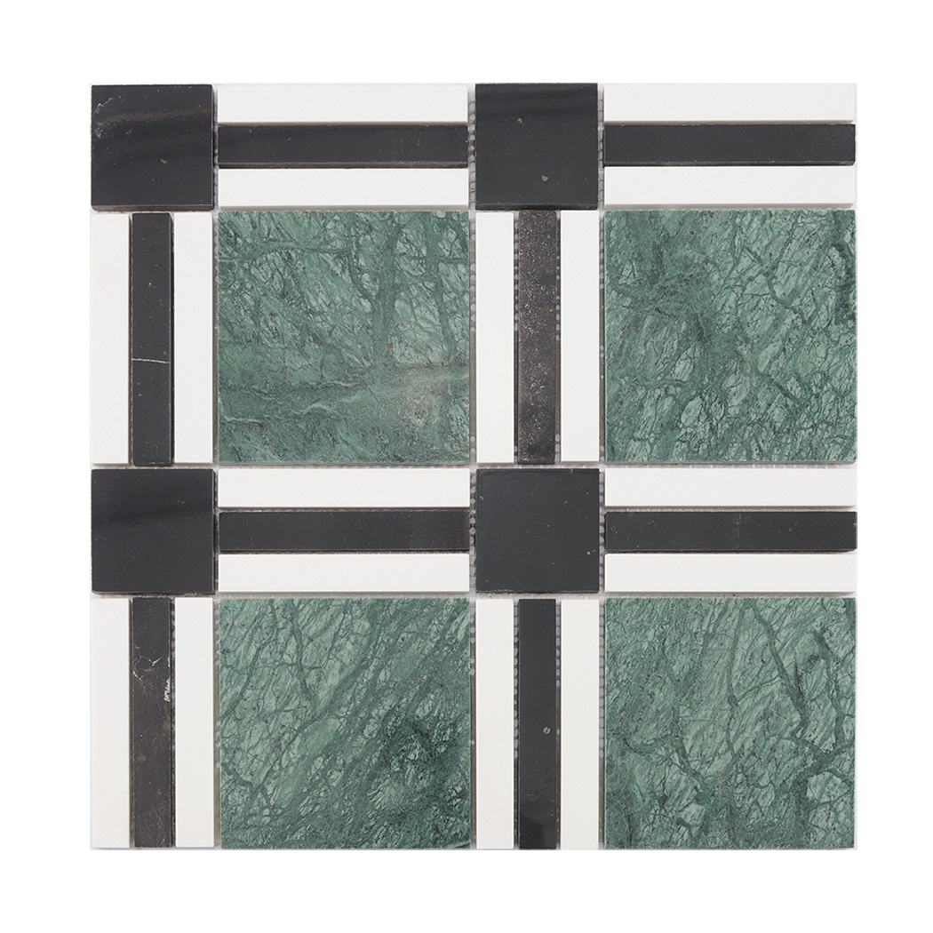 Full sheet of verde green square marble mosaic with black and white accent strips