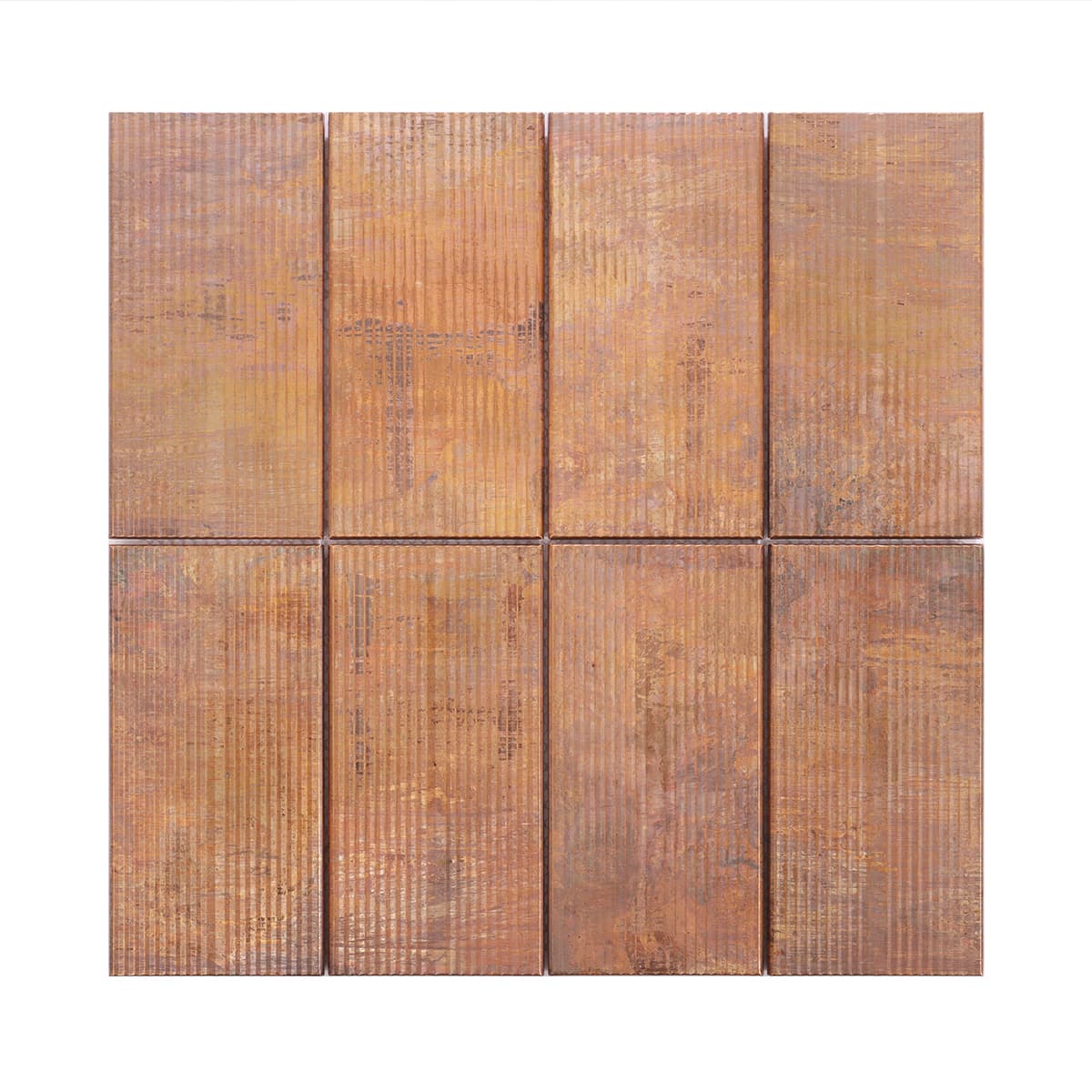 Full front view of vintage vertical grooved copper mosaic tiles