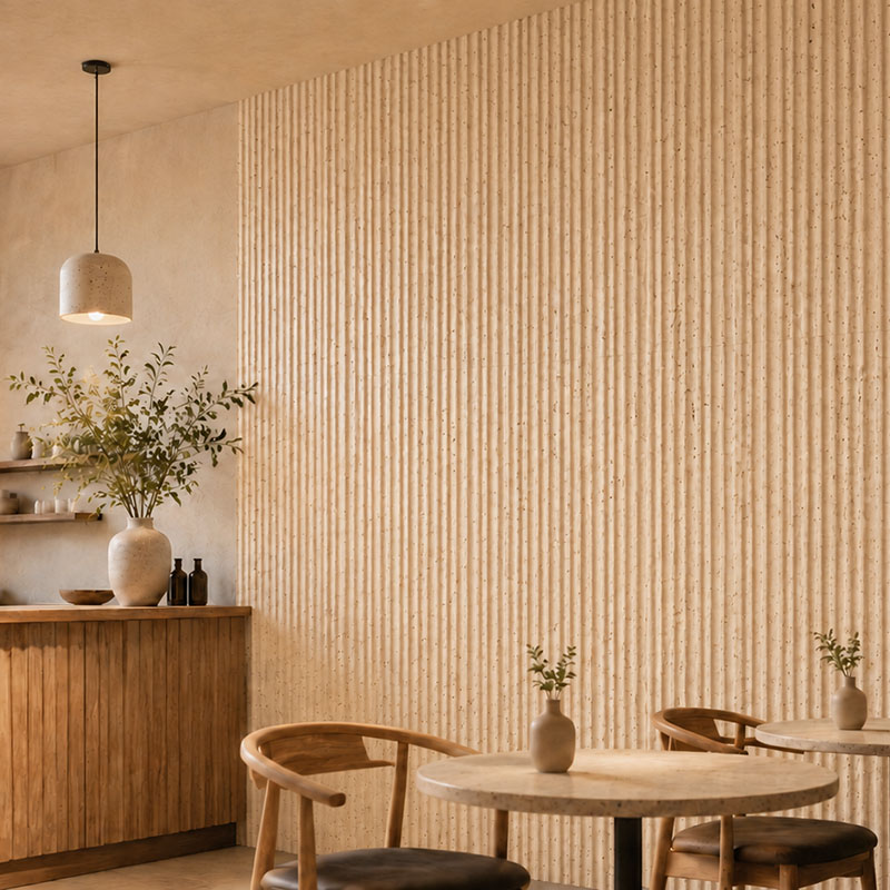 Vertical large travertine tiles on a textured beige cafe wall