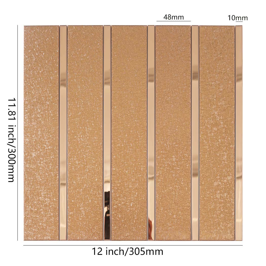 Rose gold glitter vertical stacked mosaic tile sheet with size details