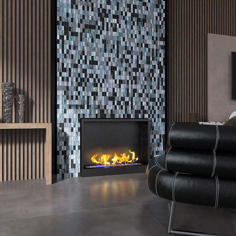 Vertical tile fireplace with mosaic wall design in a modern living room interior