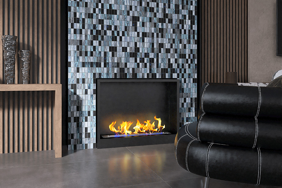 Modern living room featuring a vertical tile fireplace with geometric mosaic tiles