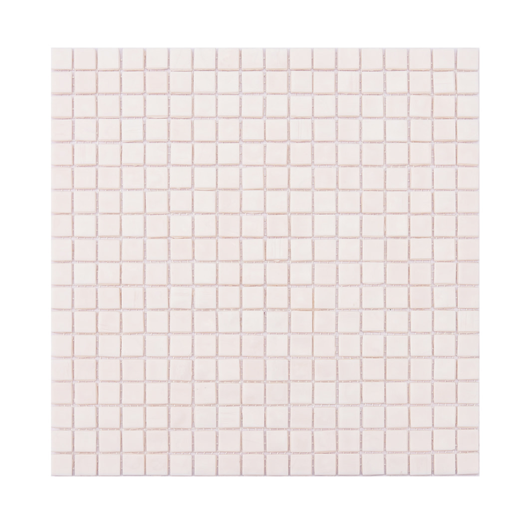 Full sheet of very light pink square glass mosaic tile on a light background