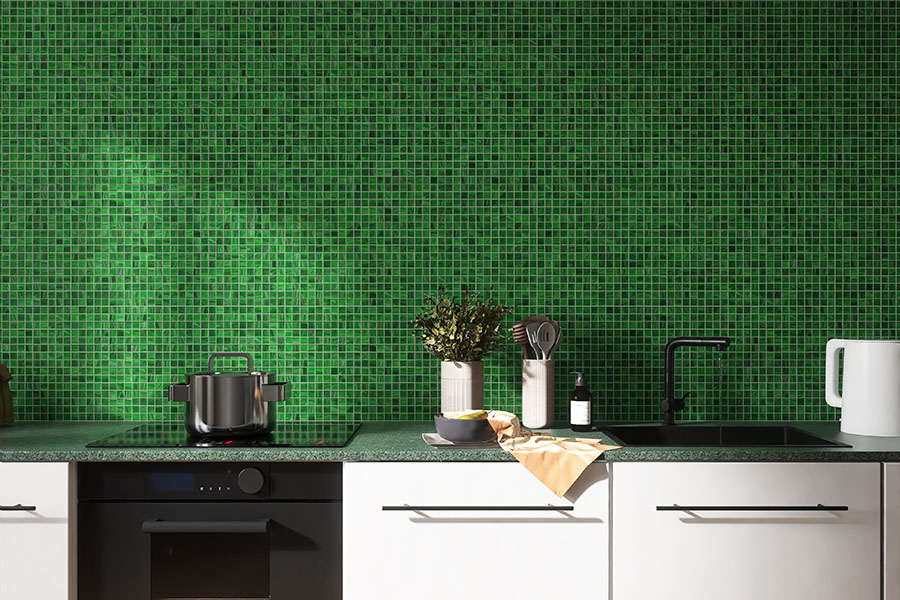 Emerald green kitchen mosaic wall tiles featuring a glossy, light-reflective surface.