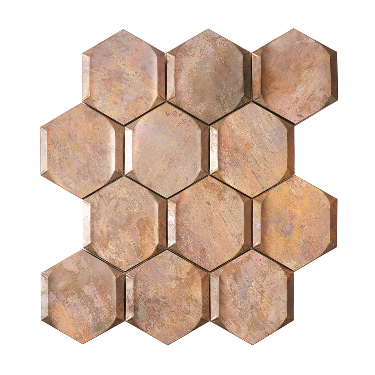 Vintage bronze hexagon mosaic tiles with textured surface and natural patina 