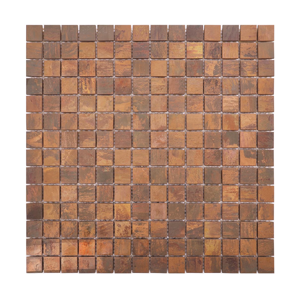 Flat copper mosaic tile with mixed brown tones in square layout