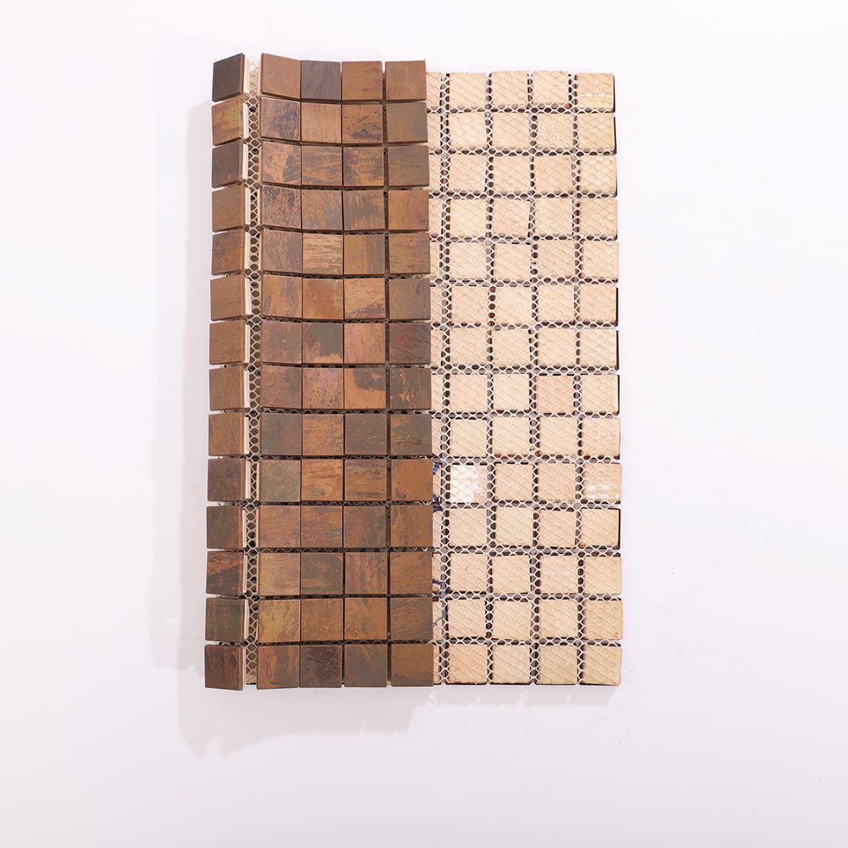 Back view of flat copper mosaic tile sheet with mesh backing