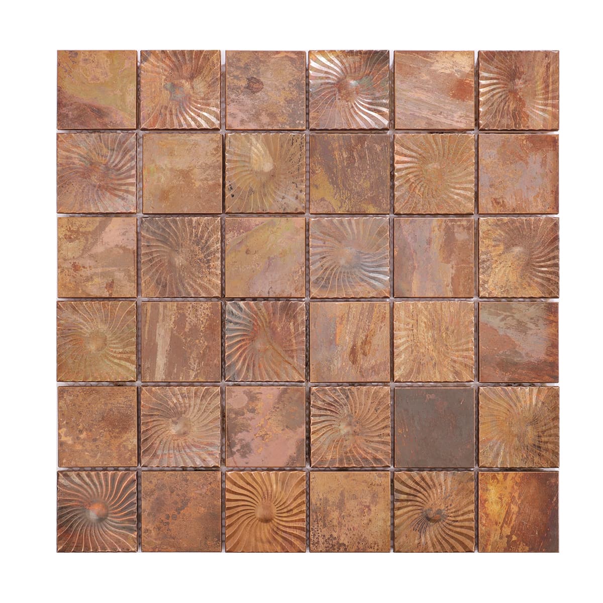 Front-facing view of textured copper mosaic tile with swirl accents