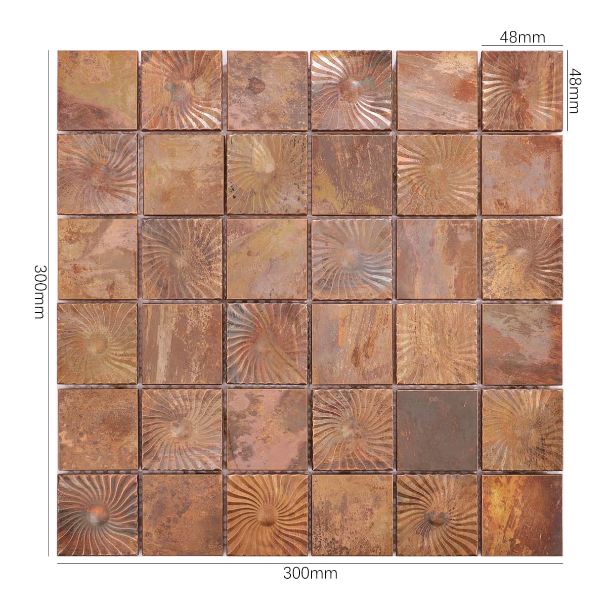 Full sheet copper mosaic tile with swirl pattern and rustic tones