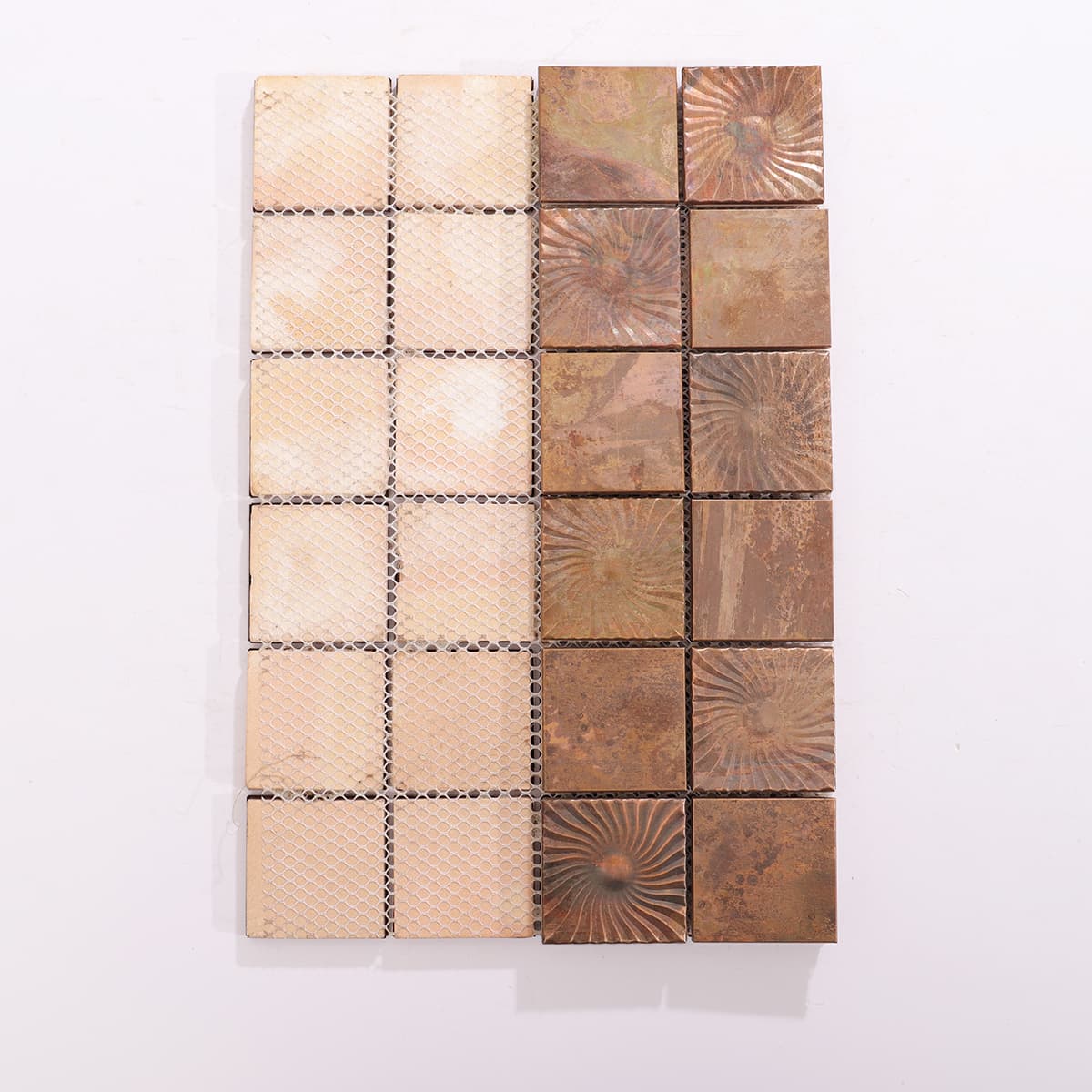 Backside mesh-mounted copper swirl mosaic tile sheet