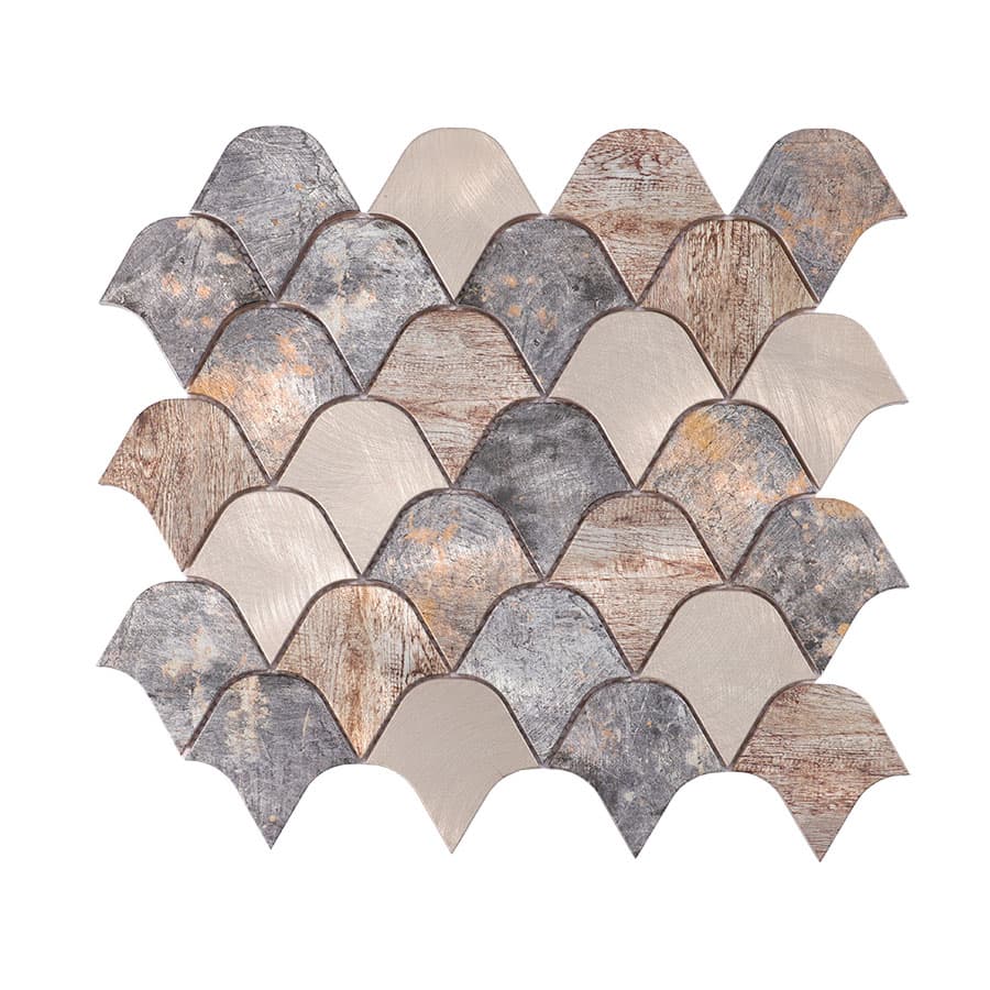 Front view of vintage gray and brown fan shape aluminum mosaic wall tiles