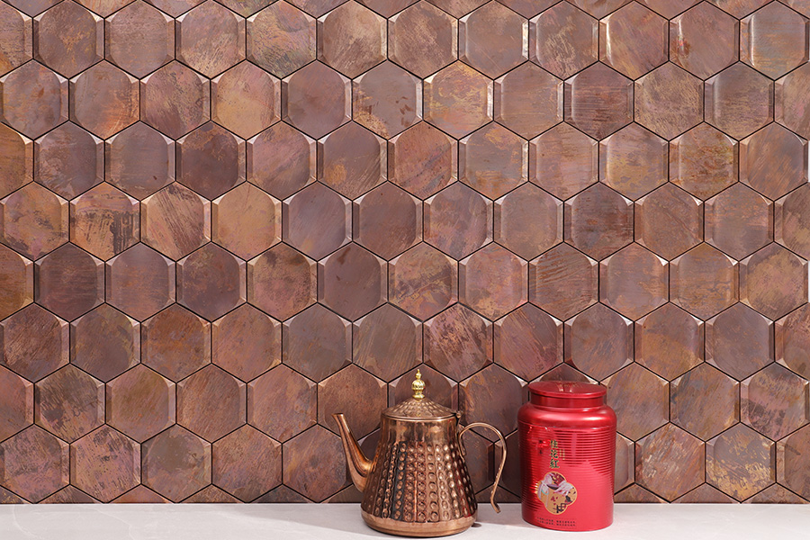 Hexagon vintage copper-brown wall tiles showing aged, textured surface.