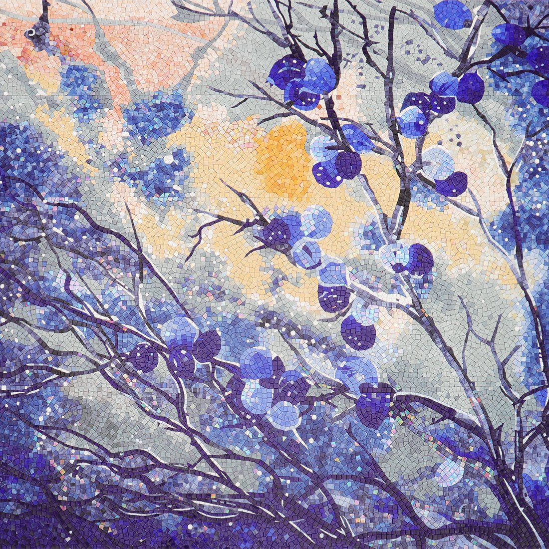 Violet berries on blue branches with falling snow mosaic