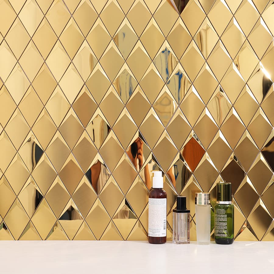 Decorative wall with gold stainless steel 3D diamond mosaic tiles and bottles