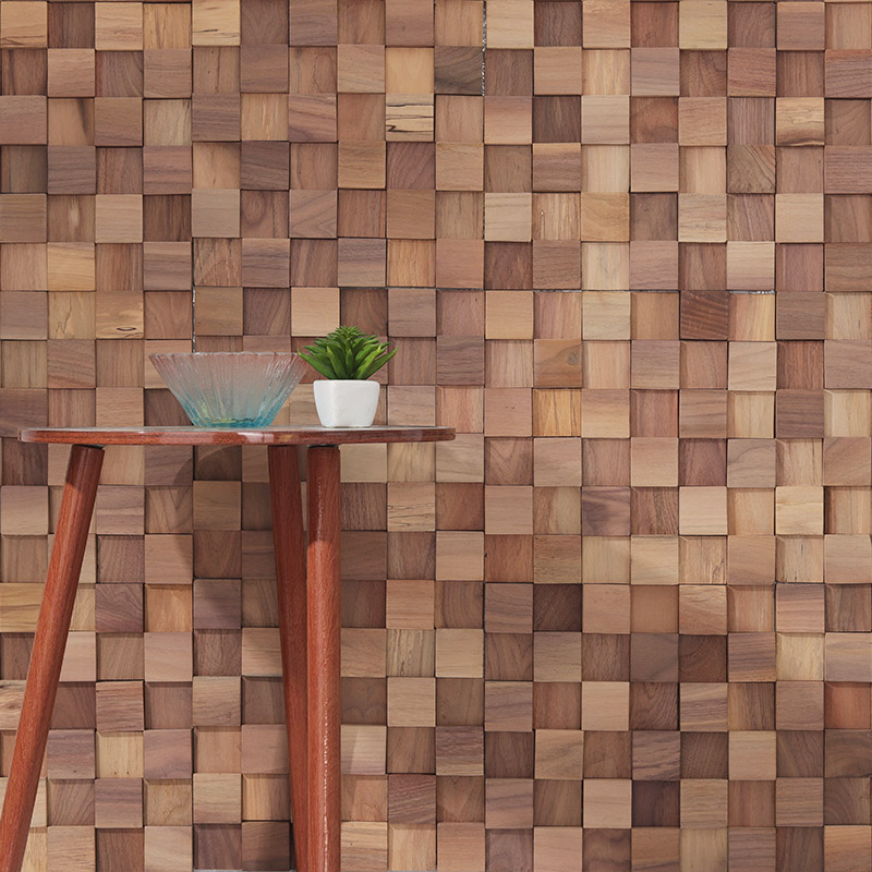 Walnut wood square wall tiles mosaic feature wall with natural texture.