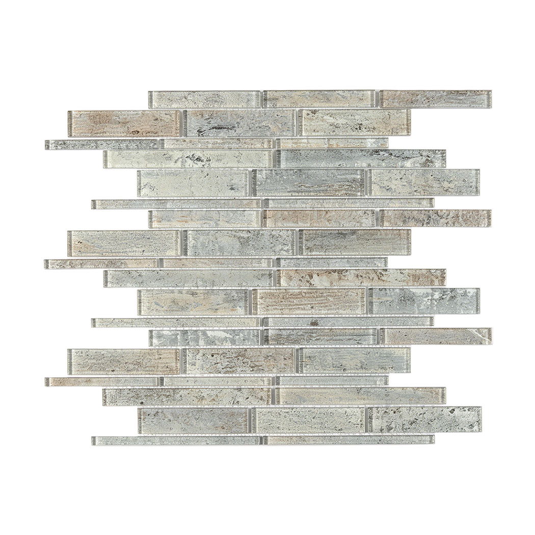 Weathered gray and beige linear glass mosaic sheet on white background
