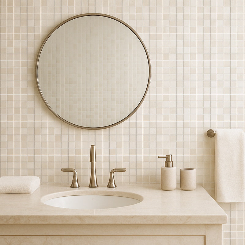 White and beige marble tile wall with a round mirror, adding elegance to a modern bathroom