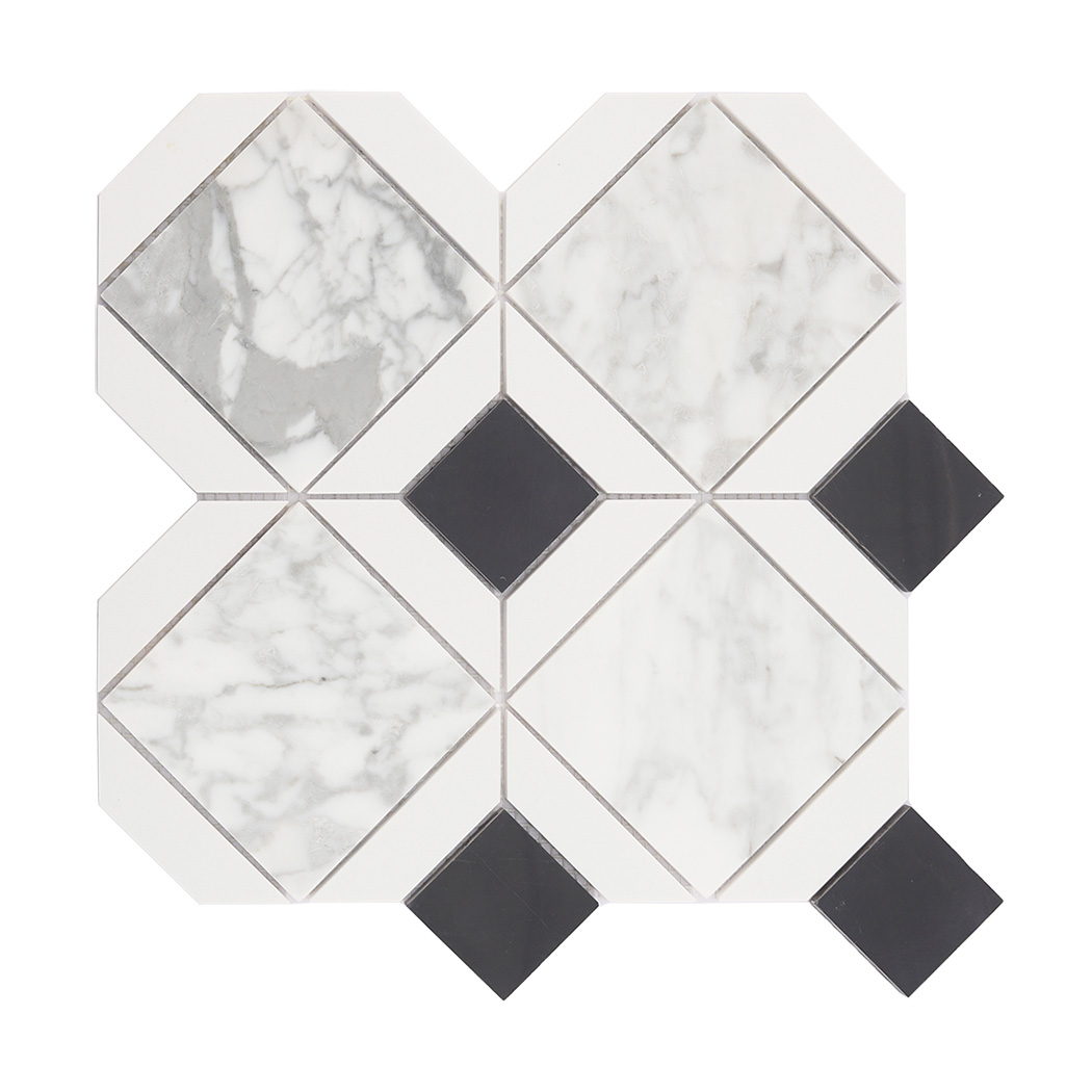 Full sheet of white and black marble mosaic tile in a geometric pattern