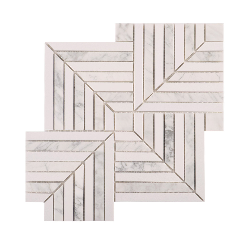 Single interlocking sheet of geometric marble mosaic tiles on a white background.