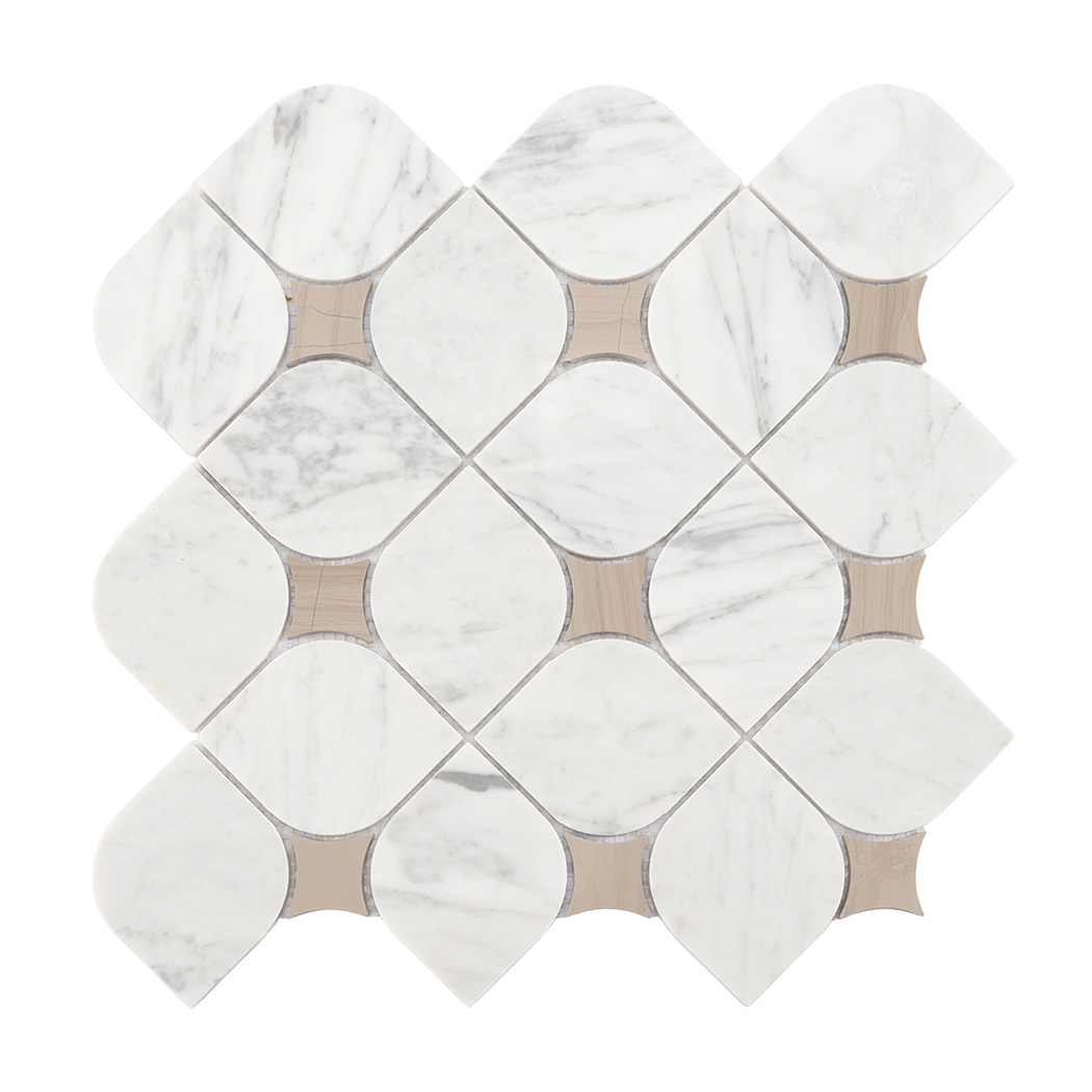 Full sheet view of white arabesque marble mosaic tile with beige accent details