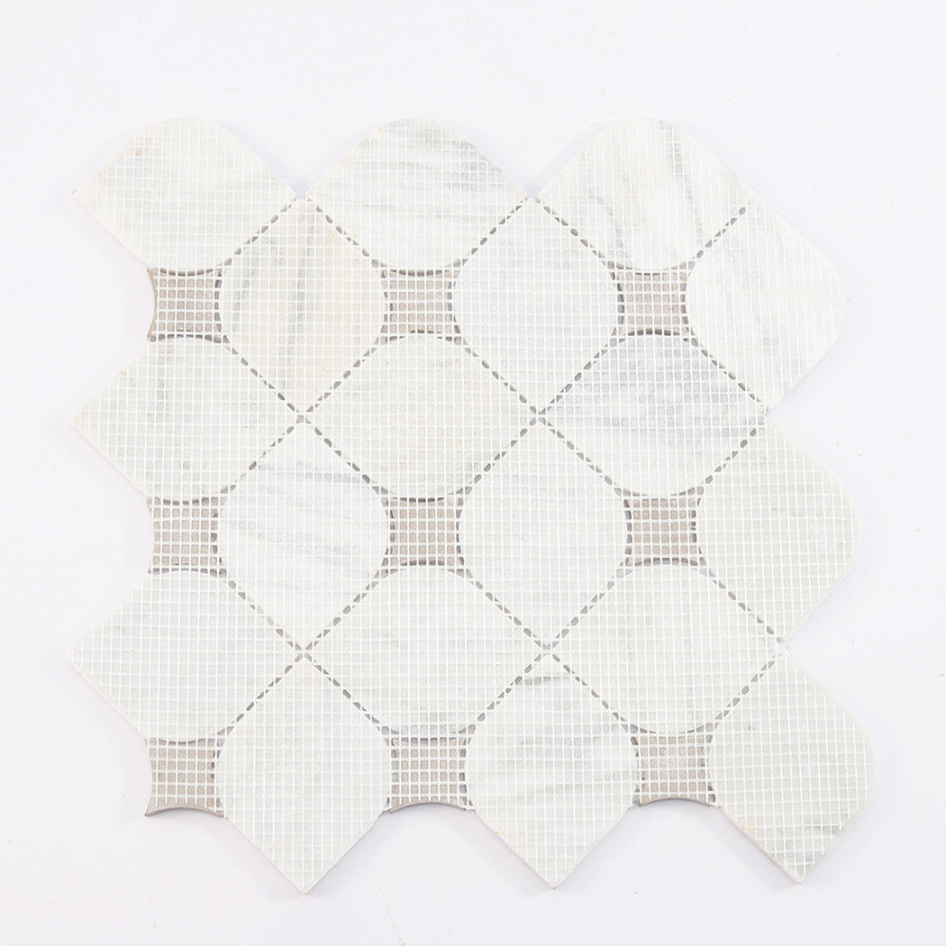 Back view of white arabesque marble mosaic tile with mesh backing and beige inserts