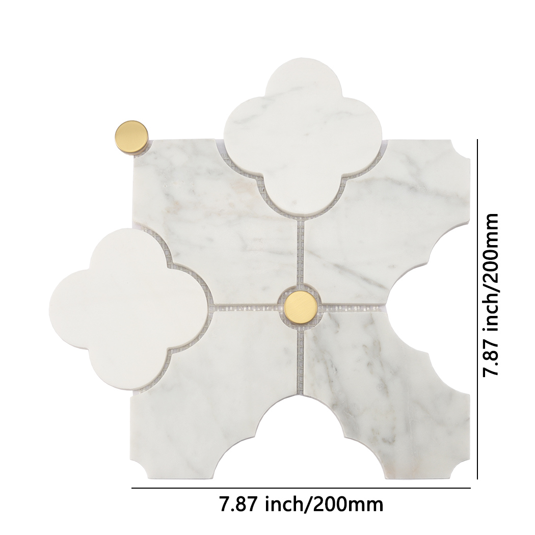 White arabesque marble mosaic tile with gold round accents and size guide