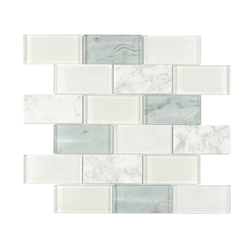 Front view of white blue glass and marble subway mosaic in brick pattern