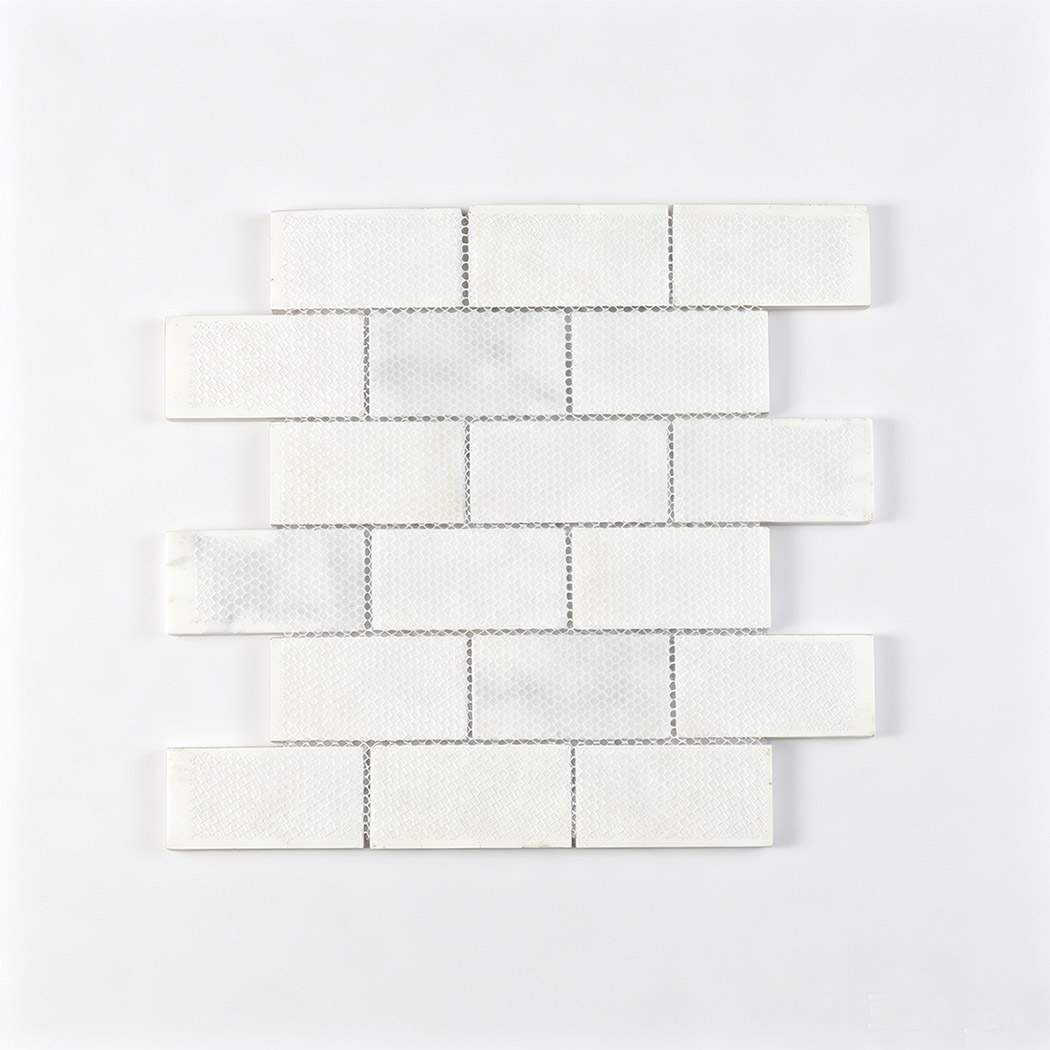 Back view of white blue marble glass subway mosaic with mesh backing