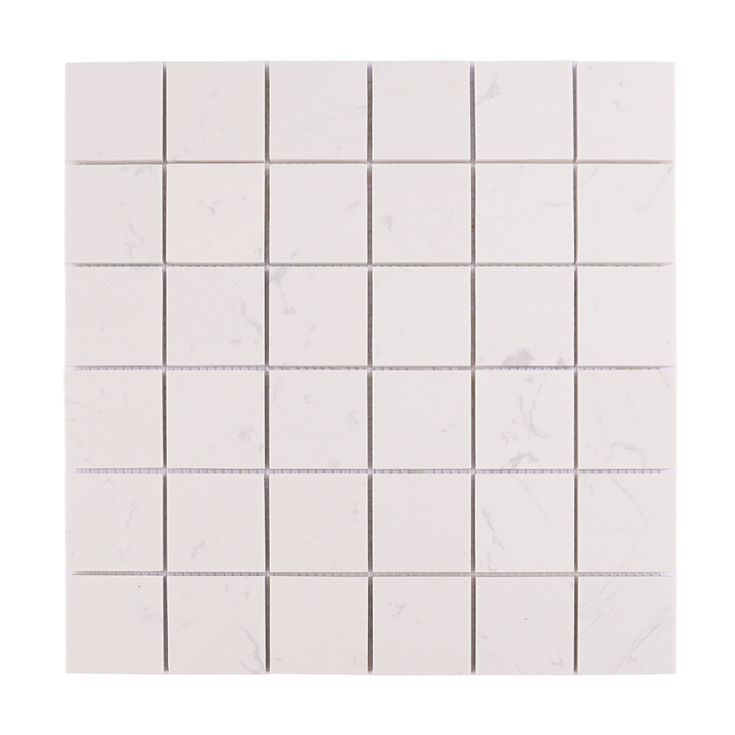 Front view of white engineered marble square mosaic tile sheet.