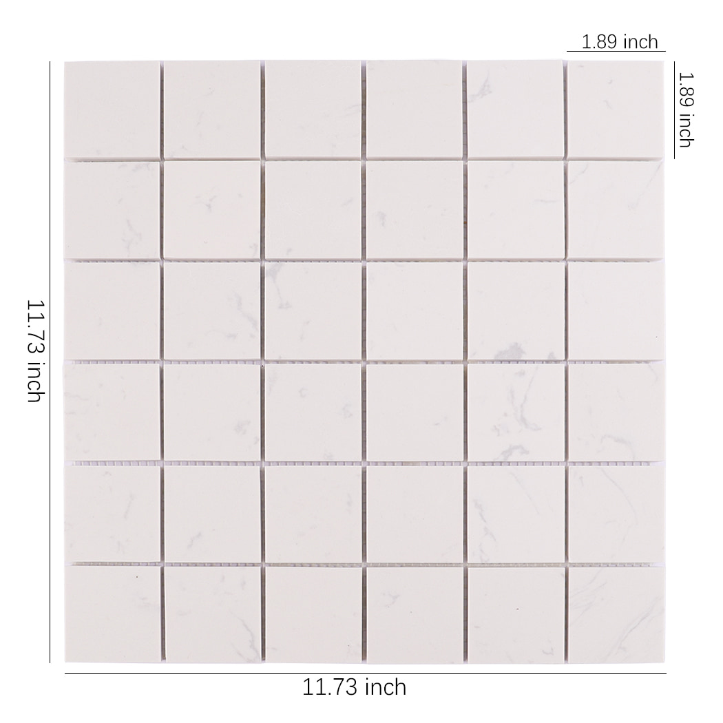 White engineered marble square mosaic tile with size measurements in inches