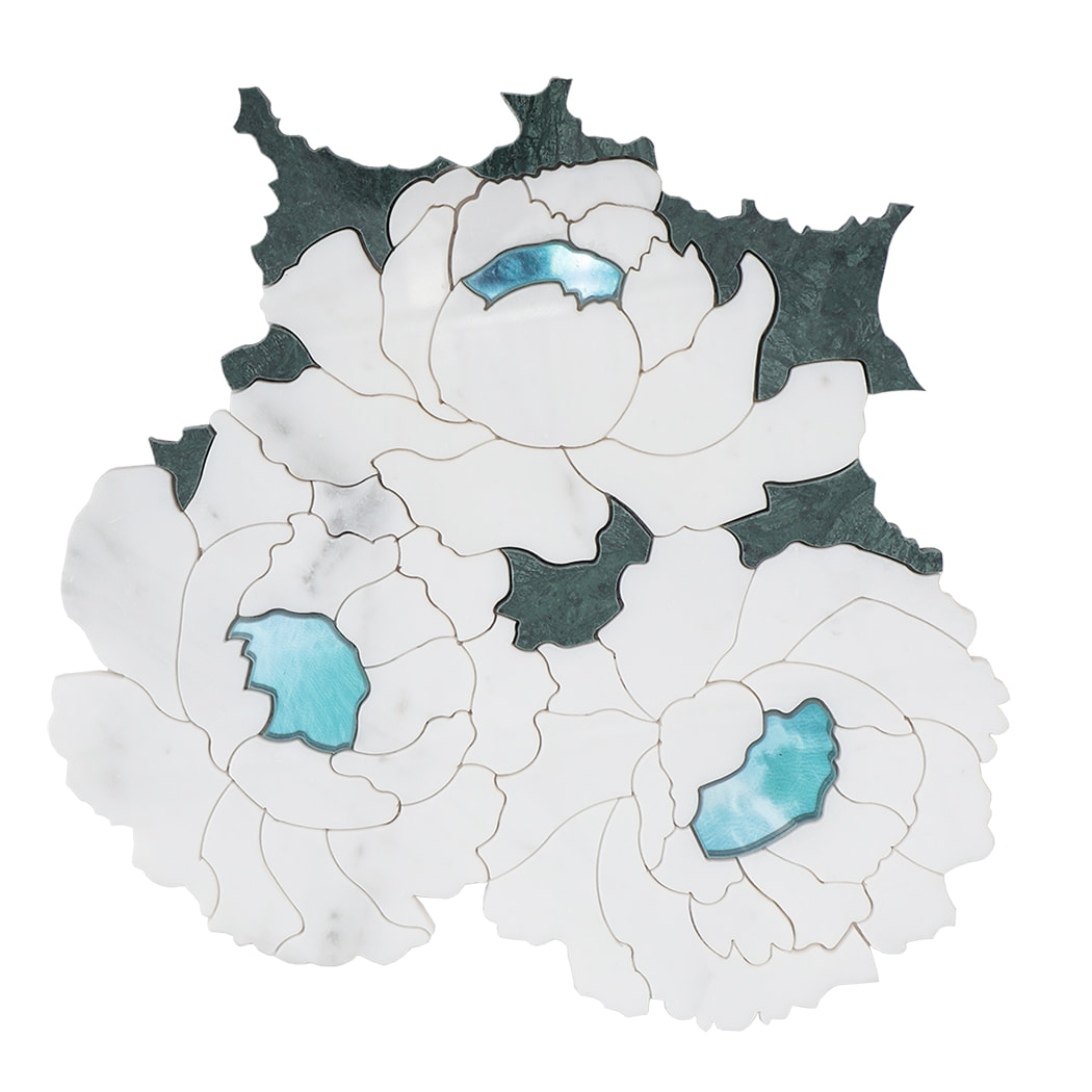 Front view of white floral marble mosaic tile sheet with blue glass centers.