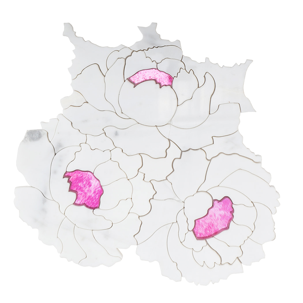 Front view of white floral marble mosaic tile sheet with pink glass centers.