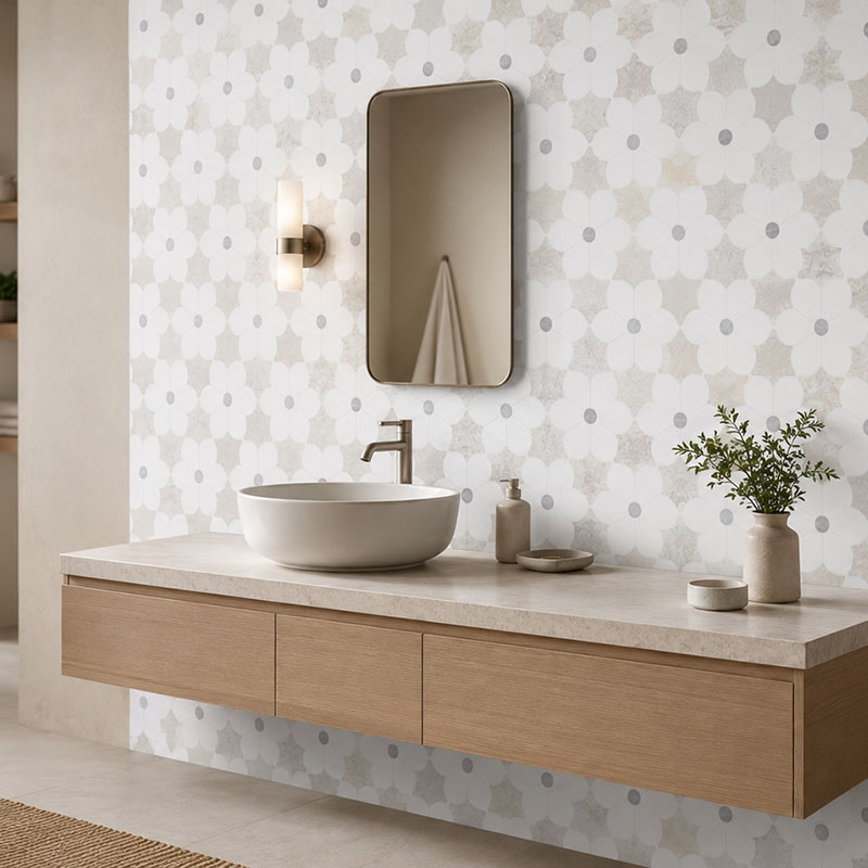 White floral marble mosaic tiles behind a modern floating bathroom vanity