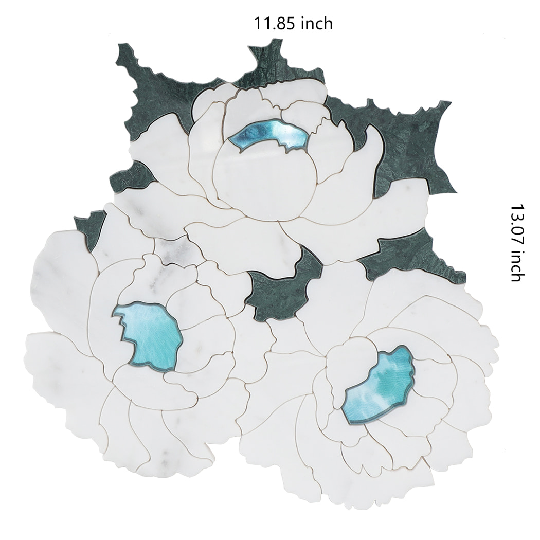 White flower-shaped marble mosaic tile sheet with blue glass accents and size reference.