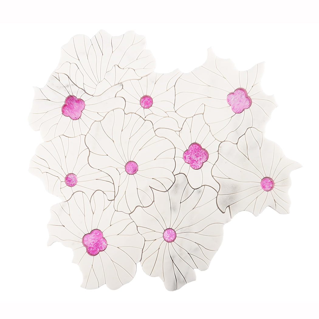 Front view of white flower marble mosaic tile sheet with pink glass accents.