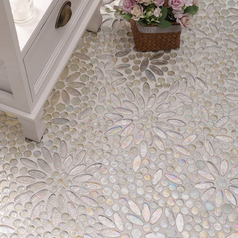  Iridescent white floral mosaic glass tiles used for elegant bedroom flooring