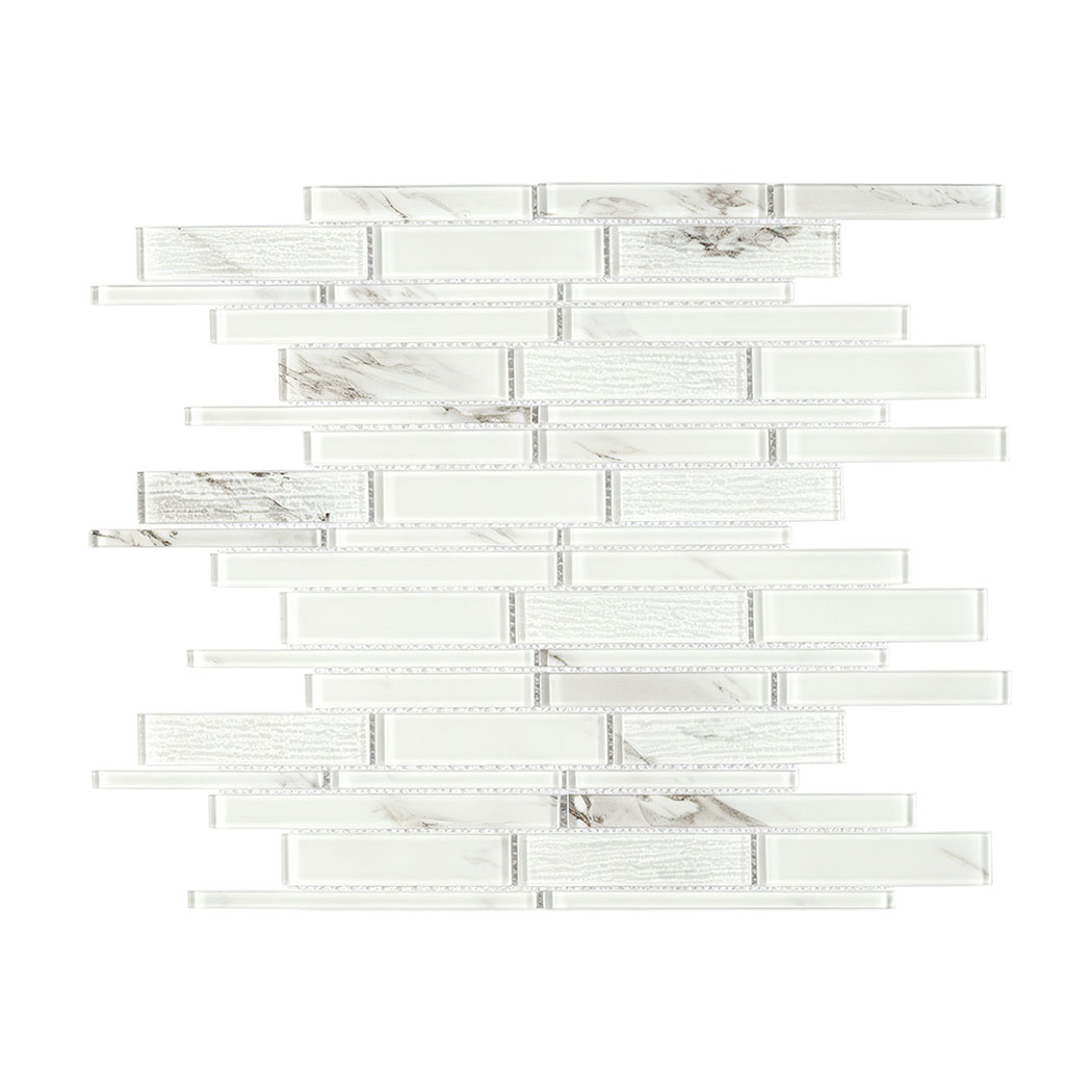 Front view of white frosted glass linear mosaic sheet on white background