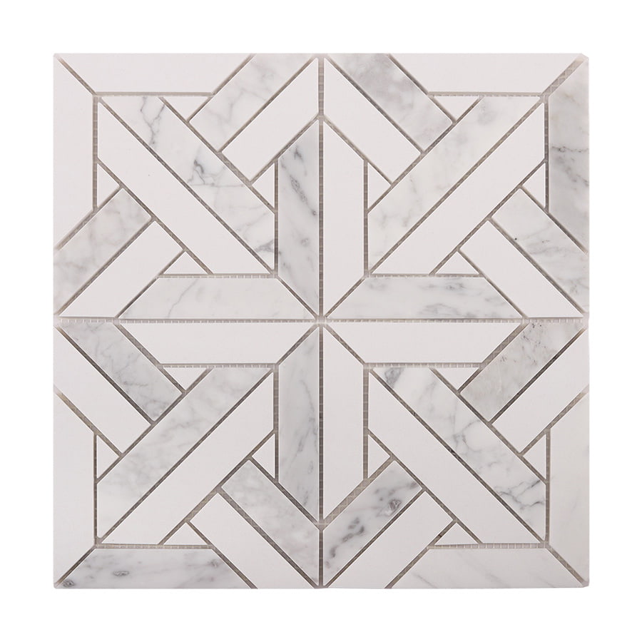 Single sheet of white geometrica Thassos honed marble mosaic tile